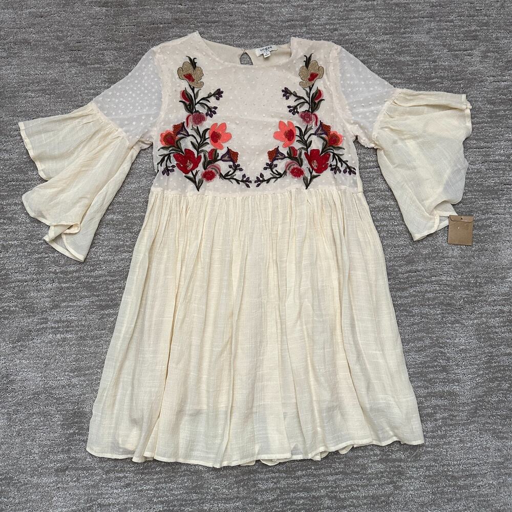 Umgee Dress Womens Small Beige Floral Embroidered Boho Festival Prairie